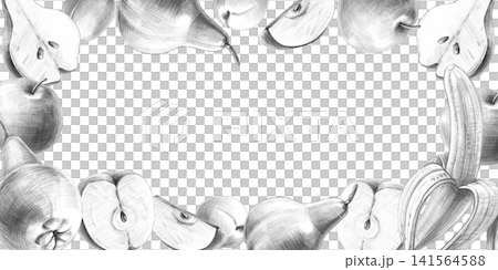 Rectangular frame with apples, pears, bananas, and apricots. Isolated pencil illustration for restaurant design, cafes, culinary blogs, food brands, farms, grocery stores, menus, and labels. Rectangular frame with apples, pears, bananas, and apricots. Isolated pencil illustration for restaurant design, cafes, culinary blogs, food brands, farms, grocery stores, menus, and labels. 141564588