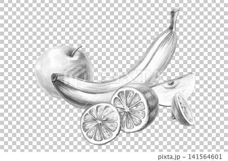 An apple with lemon and banana. This isolated pencil illustration is suitable for restaurant designs, cafes, culinary blogs, food brands, farms, grocery stores, menus, and labels. An apple with lemon and banana. This isolated pencil illustration is suitable for restaurant designs, cafes, culinary blogs, food brands, farms, grocery stores, menus, and labels. 141564601