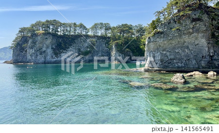 エメラルドグリーンの透明な水面が青空と南部赤松の新緑に映える春の浄土ヶ浜〈岩手県宮古市〉 141565491