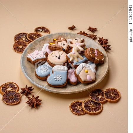 Gingerbread as a Christmas staple, sweet biscuits for the holiday. Gingerbread as a background 141565943