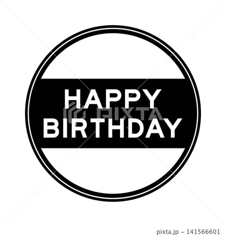 Black color round seal sticker in word happy birthday on white background Black color round seal sticker in word happy birthday on white background 141566601