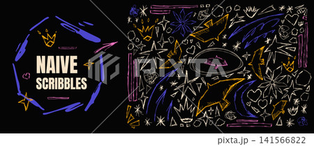 Scribble and sketch set on dark with neon yellow and colorful doodle. Naive scribble icons in pen and sketch for poster or print design. Vector bird and oval frame in childish crayon and star ink Scribble and sketch set on dark with neon yellow and colorful doodle. Naive scribble icons in pen and sketch for poster or print design. Vector bird and oval frame in childish crayon and star ink 141566822