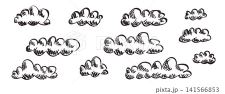 Marker-drawn whimsical clouds. Naive ink pen childish sky background. Playful kids cloudy doodles perfect for children's design and baby nursery decor. Vector sketch scribbles isolated on white bg 141566853