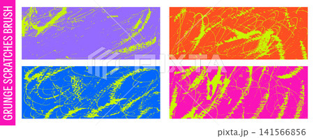 Brush background set with sporty feel. Brush stroke and scratch pen on paint banners. Messy scribble with ink splatter and rough brush on background texture. Maximalist vector drawing for presentation 141566856