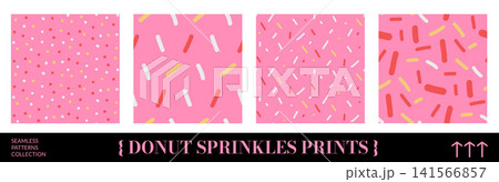 Donut sprinkle pattern with cute dash and polka dot print. Sweet pink and red ice cream sprinkle in seamless party set on pink. Vector pastry repeat pattern with confetti isolated pack Donut sprinkle pattern with cute dash and polka dot print. Sweet pink and red ice cream sprinkle in seamless party set on pink. Vector pastry repeat pattern with confetti isolated pack 141566857