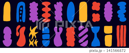 Flat geometric shapes with simple silhouette form for modern poster. Bold yellow and blue abstract figures with clean organic cutout edges. Vector minimal geometry shape set on dark navy background 141566872