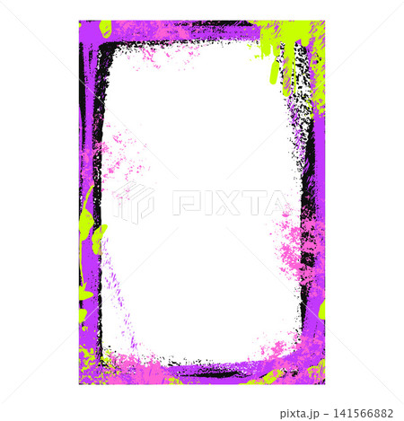 Bold spraypaint graffiti frame with neon borders and messy painted edges. Pink and lime spraypaint splash on dark wall with grunge frame. Vector urban element for hip hop flyer for music promotion 141566882