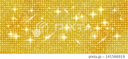 Gold texture made from circular tiles with scattered stars and light streaks. Warm gold radiance gives the dotted texture a polished metallic glow. Sparkling vector backdrop for event banner design 141566919