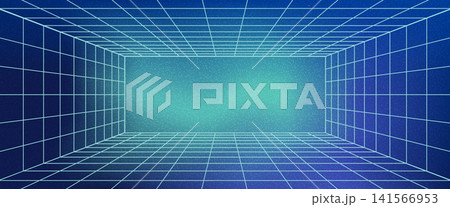 Grid rectangle room forms a complete cyan wire tunnel. Blank rectangle panel glows between gridded walls and floor. Geometric vector grid chamber with deep blue backdrop for sale banner design 141566953