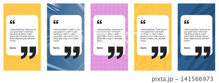 Testimony story set of 5 portrait quote cards with bold marks. Yellow blue and pink backgrounds mix grain with glossy film folds and grids. Vector client feedback story for social media post bg Testimony story set of 5 portrait quote cards with bold marks. Yellow blue and pink backgrounds mix grain with glossy film folds and grids. Vector client feedback story for social media post bg 141566973