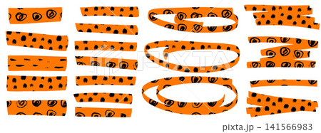 Paper tape marks form a set of rectangles and oval frames. Orange washi pieces with black polka dots and quirky grunge circles. Vector paper tape elements for sticker sheet or scrapbook design Paper tape marks form a set of rectangles and oval frames. Orange washi pieces with black polka dots and quirky grunge circles. Vector paper tape elements for sticker sheet or scrapbook design 141566983