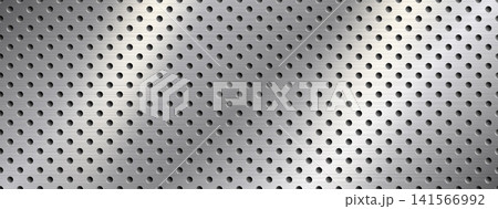 Metal texture of perforated plate with silver shine and light glow. Pattern with micro holes for industrial mesh background. Brushed steel wall vector template of perforated metal gradation 141566992