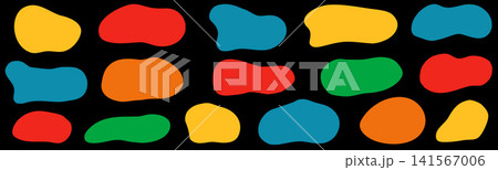 Organic blob elements with squishy irregular form for playful sticker and badge. Abstract splodge shapes in vibrant bold colors on black. Vector set of abstract geometric blotch organic shapes 141567006