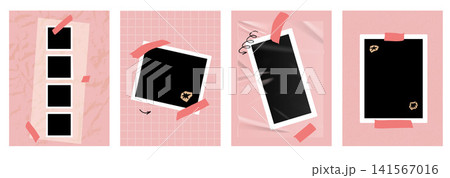 Coquette photo frame set with film strips, snapshots and instant borders. Soft pink paper and coral adhesive repeat across each photo frame. Pastel vector scrapbook collection for notebook cover Coquette photo frame set with film strips, snapshots and instant borders. Soft pink paper and coral adhesive repeat across each photo frame. Pastel vector scrapbook collection for notebook cover 141567016