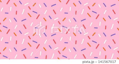 Sprinkles seamless pattern. Sweet donut, candy, cake pink topping for a birthday background. Vector playful pink confetti design for party themes, bakery packaging or baby shower projects 141567017