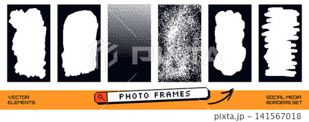 Pixel frame with grunge rough border for bold photo edge and text box. Y2k pixel frame holders with story card and social media post. Vector 8 bit retro layout set isolated for promotion 141567018