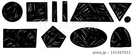 Bold charcoal geometric shape figures with carved paint and linocut texture. Hand drawn black shapes with organic form for poster print. Vector set of charcoal lino and stencil arch elements isolated 141567031
