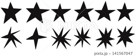 Monochrome star set of twelve silhouettes with five point shapes and jagged spark bursts. Solid black forms isolated on white background. Bold vector star set for poster design Monochrome star set of twelve silhouettes with five point shapes and jagged spark bursts. Solid black forms isolated on white background. Bold vector star set for poster design 141567047