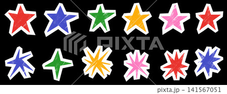 Paper star collection with cutout collage forms and lively pointed silhouettes. Red blue green yellow and pink pieces feature crisp white borders. Bold vector paper star set for greeting card design Paper star collection with cutout collage forms and lively pointed silhouettes. Red blue green yellow and pink pieces feature crisp white borders. Bold vector paper star set for greeting card design 141567051