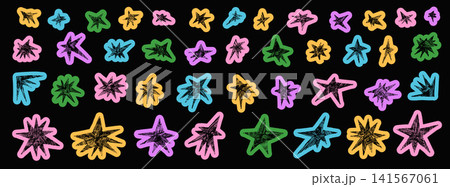 Playful crayon sticker stars in cut paper for a colorful kids scrapbook. Bright doodle shapes and sketchy collage bits scattered in a journal set. Vector star sticker collection isolated on black bg Playful crayon sticker stars in cut paper for a colorful kids scrapbook. Bright doodle shapes and sketchy collage bits scattered in a journal set. Vector star sticker collection isolated on black bg 141567061