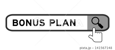 Search banner in word bonus plan with hand over magnifier icon on white background Search banner in word bonus plan with hand over magnifier icon on white background 141567148