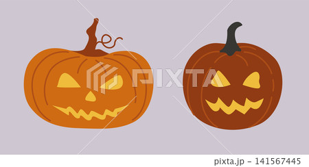 Hand-drawn Halloween pumpkin faces illustration with carved Jack-o-lantern face and light inside for seasonal decor or party Hand-drawn Halloween pumpkin faces illustration with carved Jack-o-lantern face and light inside for seasonal decor or party 141567445