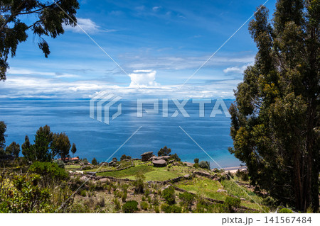 Houses and cultivated fields on Taquile Island, Lake Titicaca, Peru Houses and cultivated fields on Taquile Island, Lake Titicaca, Peru 141567484