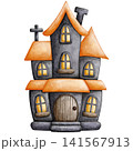 Watercolor Halloween Haunted House Castle Clipart Illustration for Spooky Party Decor, Halloween Night Invitation, Scrapbooking, Sticker Design, and Crafts 141567913