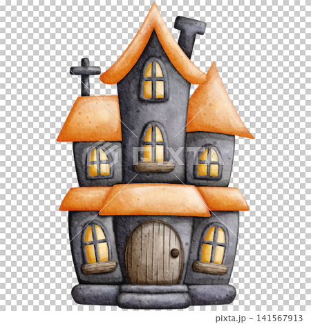 Watercolor Halloween Haunted House Castle Clipart Illustration for Spooky Party Decor, Halloween Night Invitation, Scrapbooking, Sticker Design, and Crafts 141567913