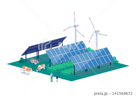 Farm using renewable agrivoltaic solar panels wind turbines system Farm using renewable agrivoltaic solar panels wind turbines system 141568672