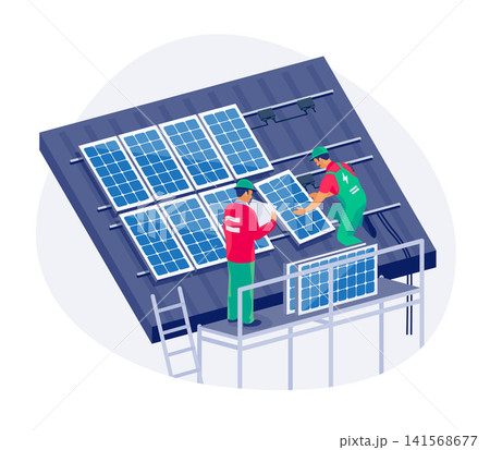 Solar panels installation on family house roof with ladder and scaffolding Solar panels installation on family house roof with ladder and scaffolding 141568677