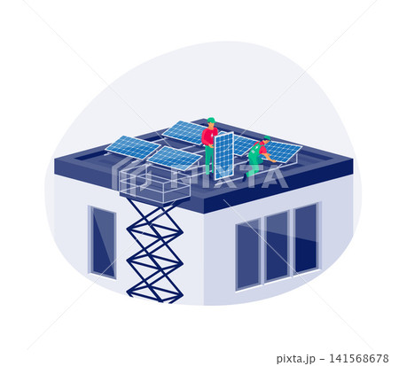 Solar panels installation on flat house building roof Solar panels installation on flat house building roof 141568678