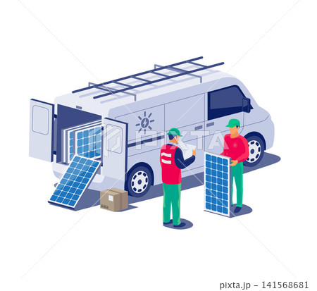 Solar panels installation with technician worker and service car van 141568681
