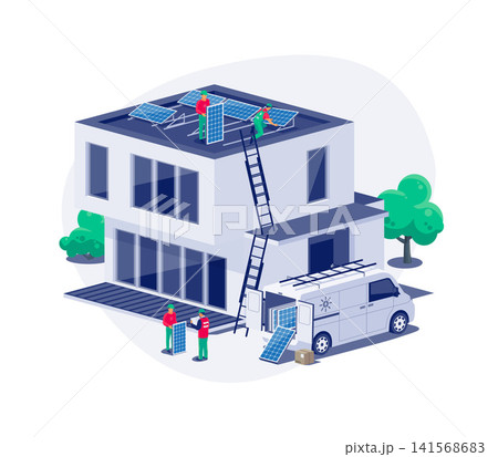 Solar panels installation on a modern architecture family house roof. Solar panels installation on a modern architecture family house roof. 141568683