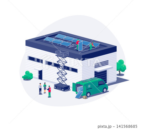 Solar panels installation on industry logistics distribution center roof. Solar panels installation on industry logistics distribution center roof. 141568685