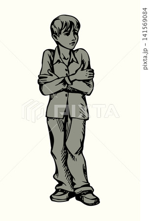 Vector drawing. The boy got wet and froze Vector drawing. The boy got wet and froze 141569084