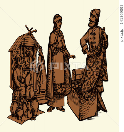 Vector drawing. Man sells a fabric om ancient market 141569095