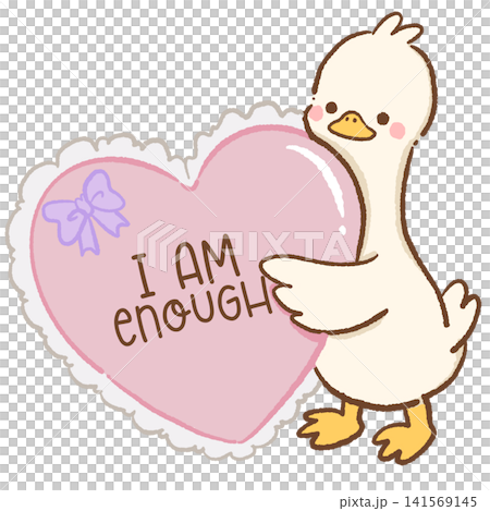 Cute Kawaii Long Neck Goose Holding Heart Pillow with I Am Enough Self Love Affirmation Pastel Clipart Illustration 141569145