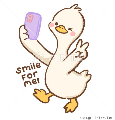 Cute Kawaii Long Neck Goose Taking a Selfie with Smartphone Smile for Me Positive Confidence Cute Pastel Clipart Illustration 141569146