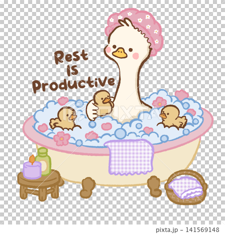 Cute Kawaii Long Neck Goose Relaxing in a Bubble Bath with Ducklings Rest Is Productive Self Care Spa Pastel Illustration Cute Kawaii Long Neck Goose Relaxing in a Bubble Bath with Ducklings Rest Is Productive Self Care Spa Pastel Illustration 141569148