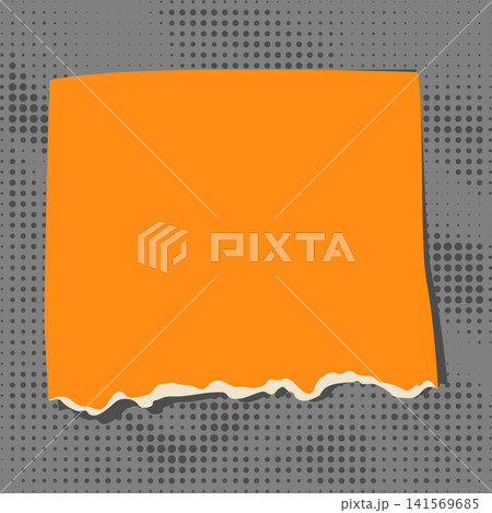 Torn orange piece of paper. Gray halftone background. Paper note for text design. Torn orange piece of paper. Gray halftone background. Paper note for text design. 141569685