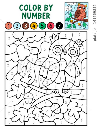 Vector forest color by number activity with owl sitting on acorn tree. Woodland black and white counting, colouring game. Cute coloring page for kids. Line printable worksheet with wild bird 141569836