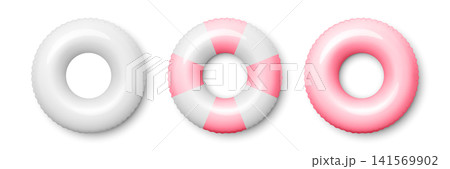 Vector 3d Pink and White Inflatable Swim Rings Isolated. Blank Pool Float Set. Inflatable Rubber Tube for Summer Beach and Pool Design. Realistic Swim Ring Mockup Vector 3d Pink and White Inflatable Swim Rings Isolated. Blank Pool Float Set. Inflatable Rubber Tube for Summer Beach and Pool Design. Realistic Swim Ring Mockup 141569902