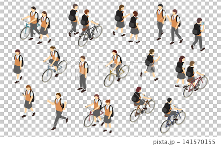 等距插圖:高中男生和女生(夏季校服)上下學。 等距插圖:高中男生和女生(夏季校服)上下學。 141570155