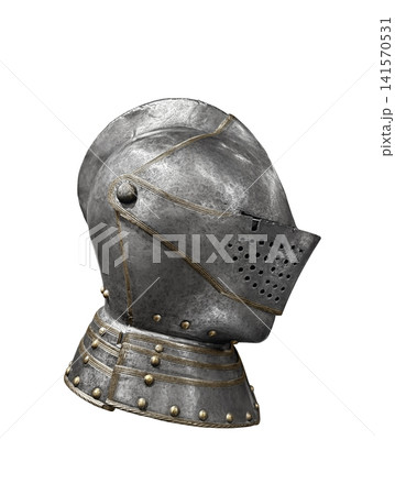 Medieval metal knight helmet isolated on white background with clipping path Medieval metal knight helmet isolated on white background with clipping path 141570531