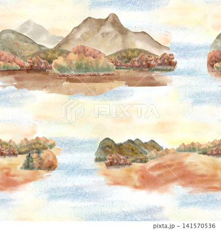 Mountains and trees view watercolor seamless pattern. Autumn season landscape with rocks, field and sand in warm soft colors. Repeat design with nature wilderness scenery. River valley background. 141570536