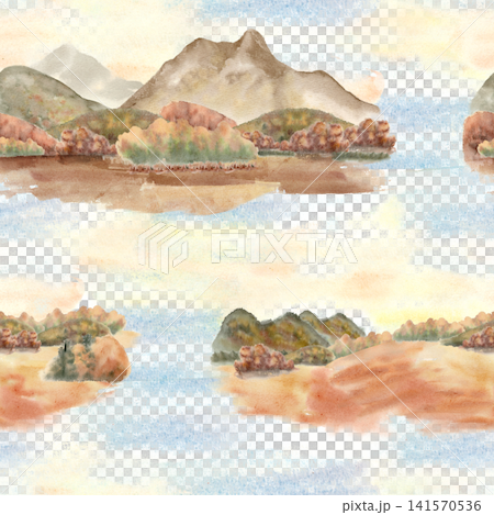 Mountains and trees view watercolor seamless pattern. Autumn season landscape with rocks, field and sand in warm soft colors. Repeat design with nature wilderness scenery. River valley background. 141570536