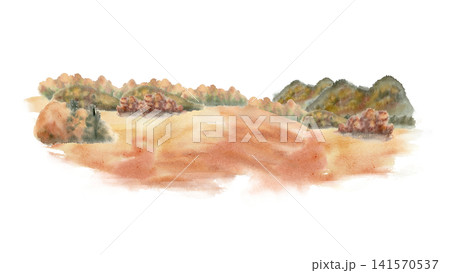 Watercolor painting of autumn landscape with golden hills and forest vista. Peaceful fall scenery background for seasonal design. Hand drawn nature illustration soft tone isolated on white background. Watercolor painting of autumn landscape with golden hills and forest vista. Peaceful fall scenery background for seasonal design. Hand drawn nature illustration soft tone isolated on white background. 141570537