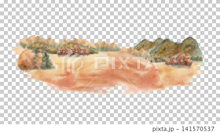 Watercolor painting of autumn landscape with golden hills and forest vista. Peaceful fall scenery background for seasonal design. Hand drawn nature illustration soft tone isolated on white background. Watercolor painting of autumn landscape with golden hills and forest vista. Peaceful fall scenery background for seasonal design. Hand drawn nature illustration soft tone isolated on white background. 141570537
