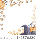 Template with purple witch hat, pumpkin, autumn branches and cute little spider watercolor hand drawn illustration isolated on white background.Festive frame for Halloween invitation and greeting card 141570820